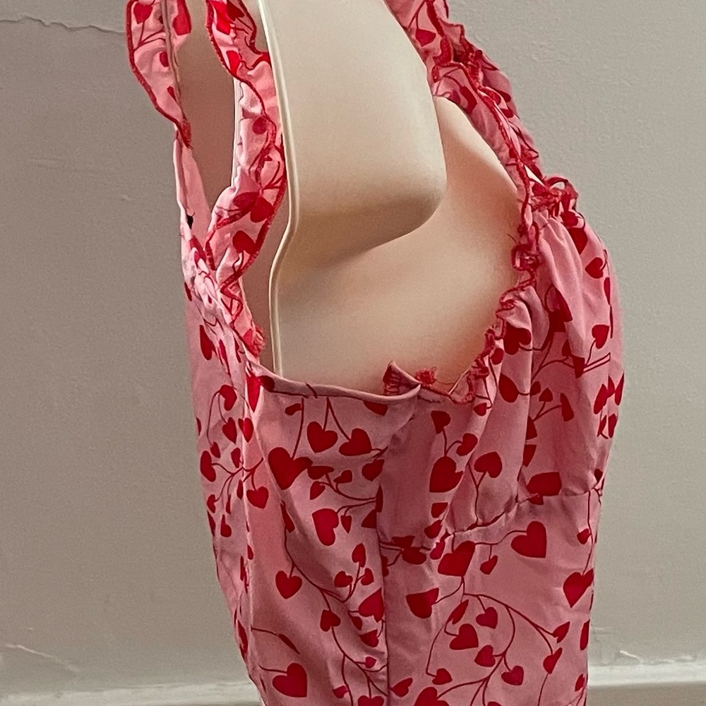 SHEIN pink red heart print all over crop top, size S Barbiecore festival summer - Picture 9 of 14